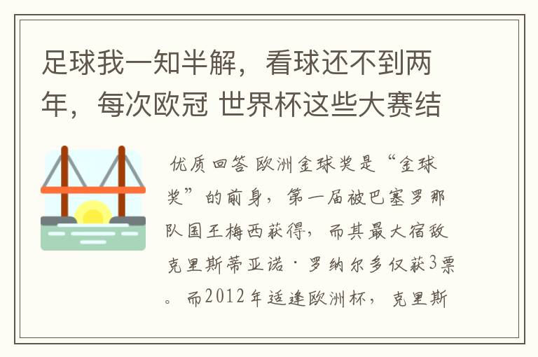 足球我一知半解,看球还不到两年,每次欧冠 世界杯这些大赛结束后不是都要评什么金球奖,金靴奖什么的吗?
