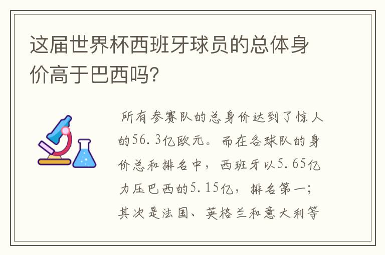 这届世界杯西班牙球员的总体身价高于巴西吗?