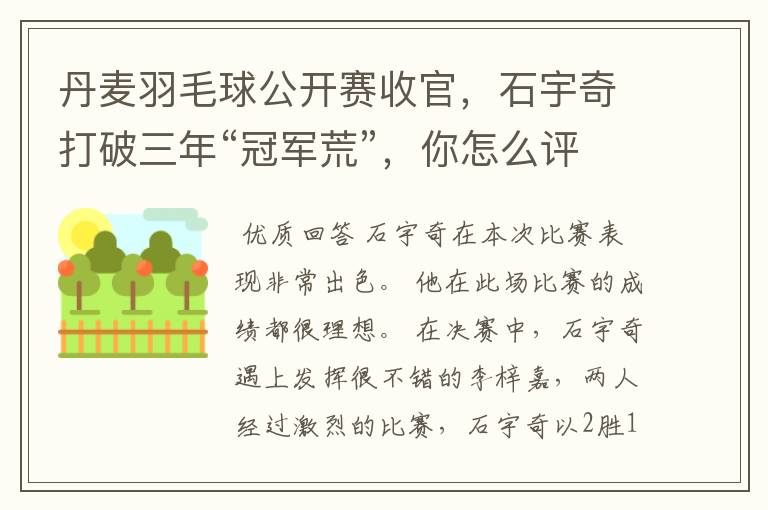 丹麦羽毛球公开赛收官,石宇奇打破三年“冠军荒”,你怎么评价他的表现?