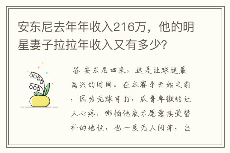 安东尼去年年收入216万,他的明星妻子拉拉年收入又有多少?