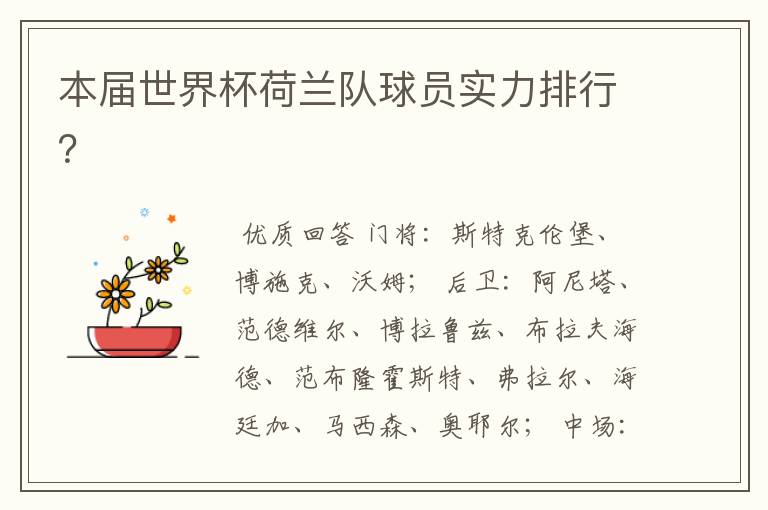 本届世界杯荷兰队球员实力排行?