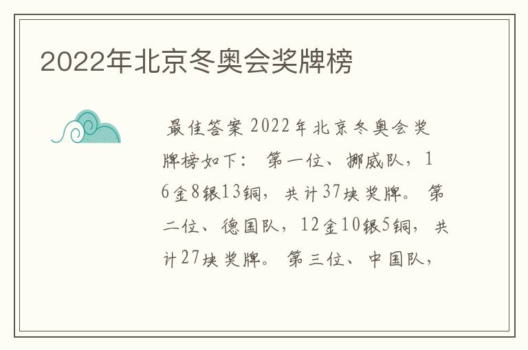 2022年北京冬奥会奖牌榜