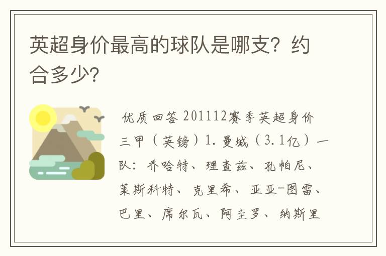 英超身价最高的球队是哪支?约合多少?
