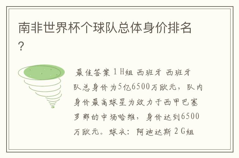 南非世界杯个球队总体身价排名?