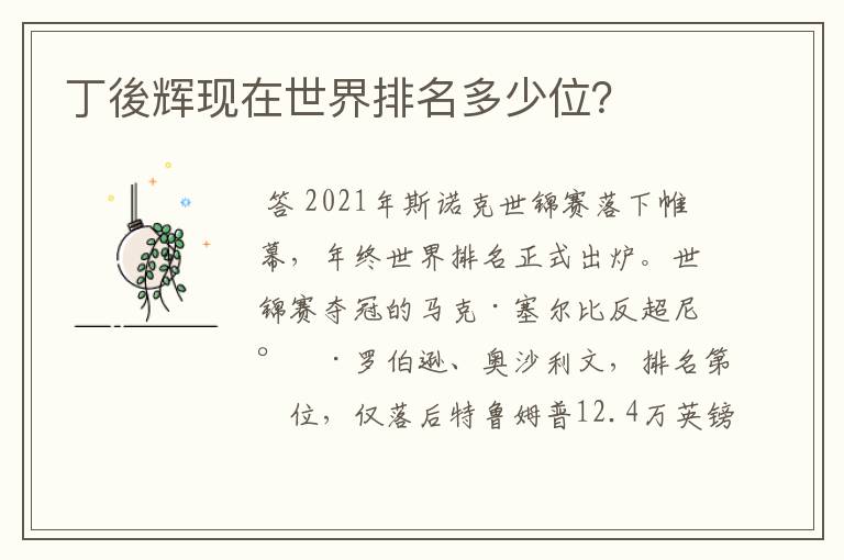 丁後辉现在世界排名多少位?