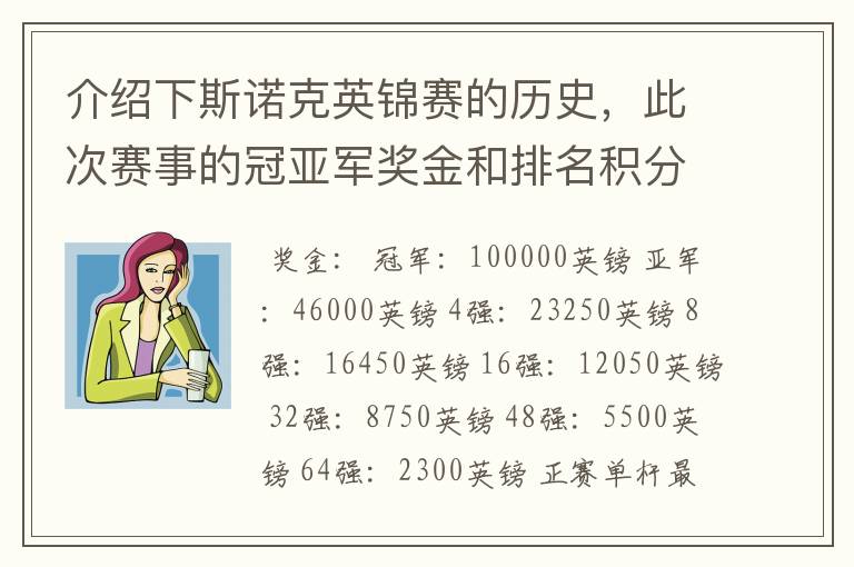 介绍下斯诺克英锦赛的历史,此次赛事的冠亚军奖金和排名积分各是多少?