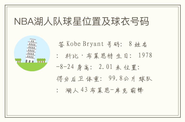 NBA湖人队球星位置及球衣号码