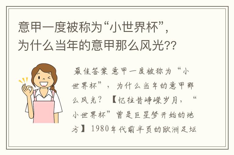 意甲一度被称为“小世界杯”，为什么当年的意甲那么风光??