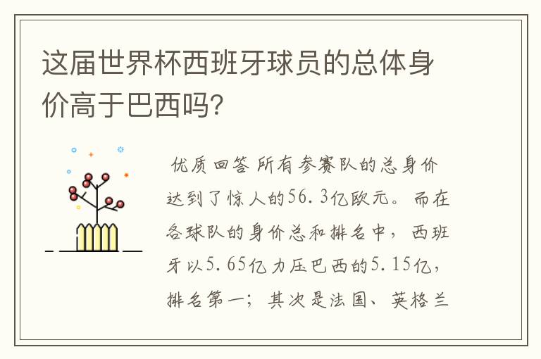 这届世界杯西班牙球员的总体身价高于巴西吗?