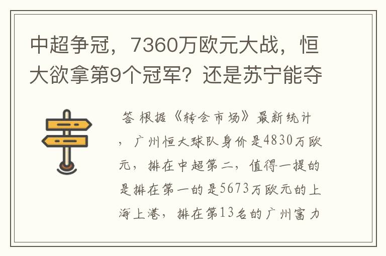中超争冠,7360万欧元大战,恒大欲拿第9个冠军?还是苏宁能夺第1个?