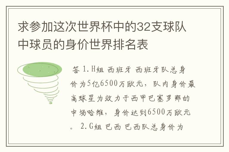 求参加这次世界杯中的32支球队中球员的身价世界排名表