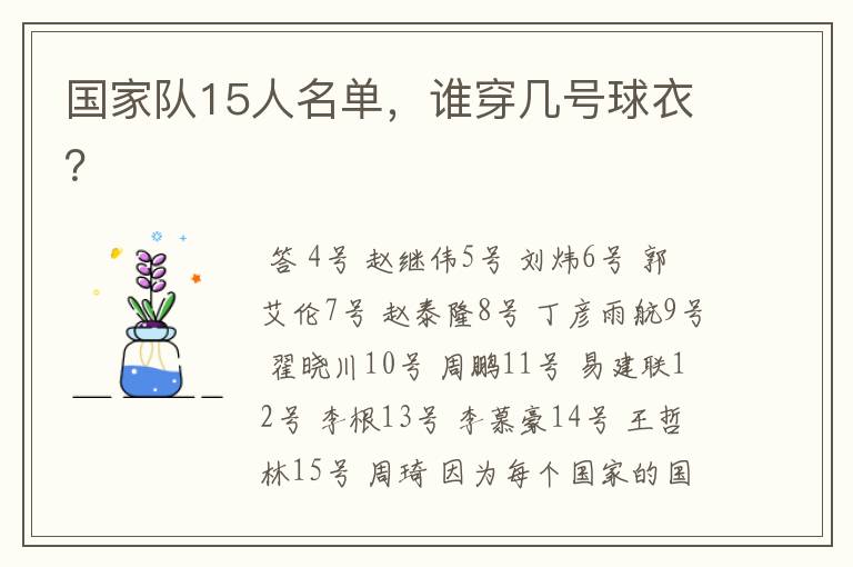 国家队15人名单,谁穿几号球衣?