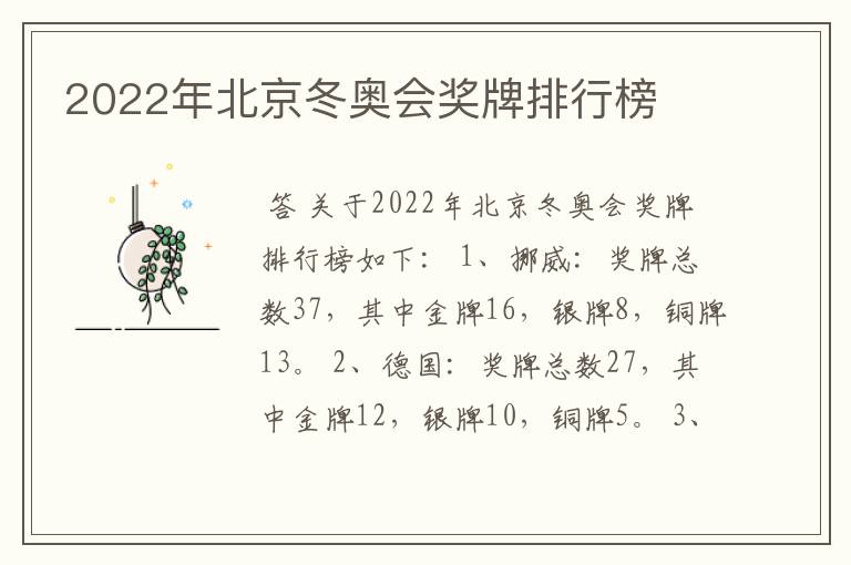 2022年北京冬奥会奖牌排行榜