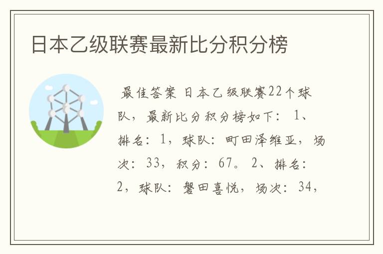 日本乙级联赛最新比分积分榜