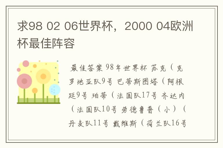 求98 02 06世界杯,2000 04欧洲杯最佳阵容