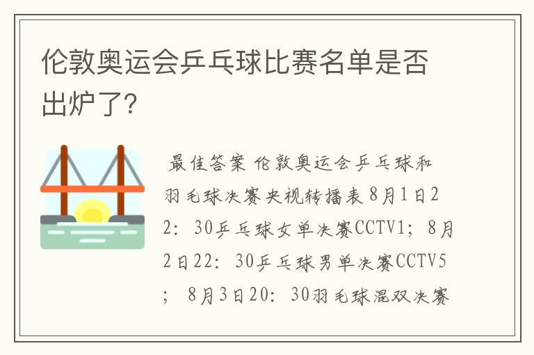 伦敦奥运会乒乓球比赛名单是否出炉了?