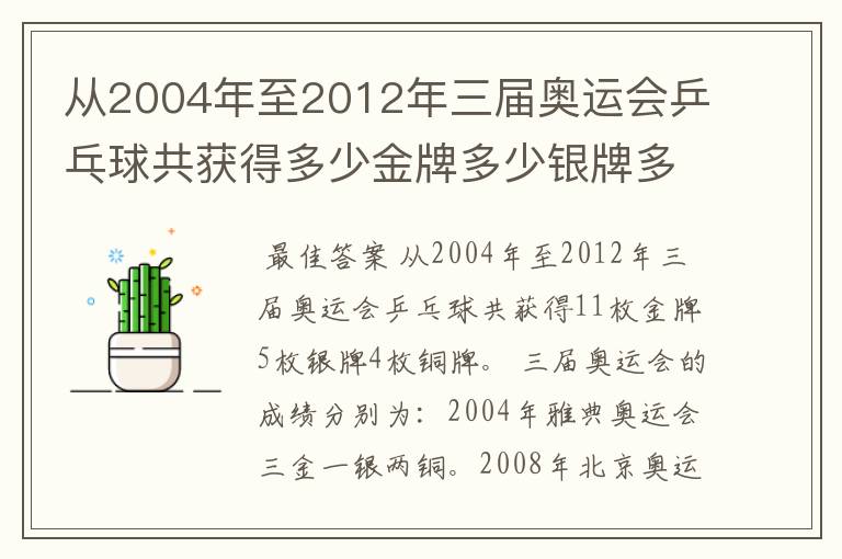 从2004年至2012年三届奥运会乒乓球共获得多少金牌多少银牌多少铜牌