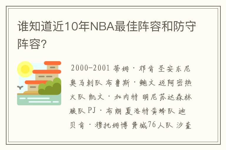谁知道近10年NBA最佳阵容和防守阵容?