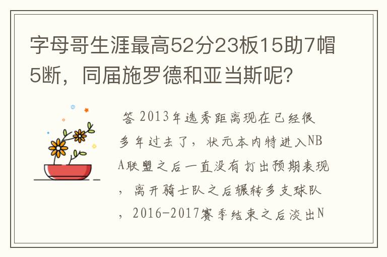 字母哥生涯最高52分23板15助7帽5断,同届施罗德和亚当斯呢?