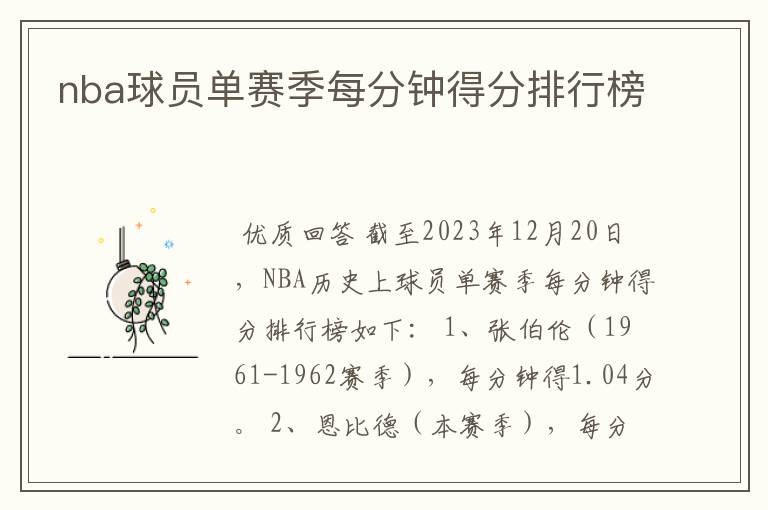 nba球员单赛季每分钟得分排行榜