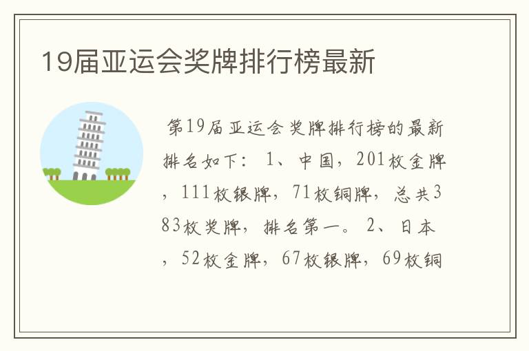 19届亚运会奖牌排行榜最新