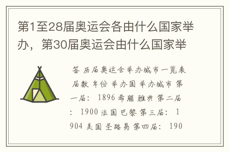 第1至28届奥运会各由什么国家举办,第30届奥运会由什么国家举办?