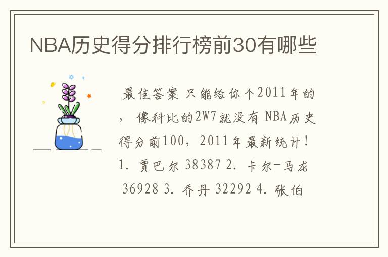 NBA历史得分排行榜前30有哪些