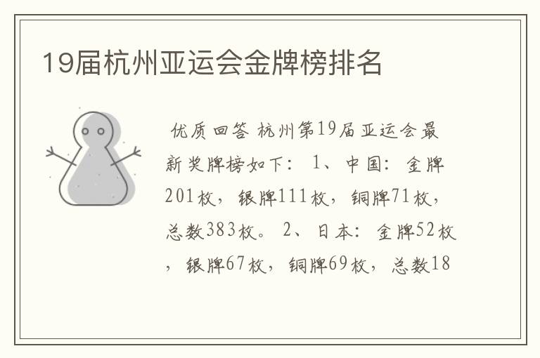 19届杭州亚运会金牌榜排名