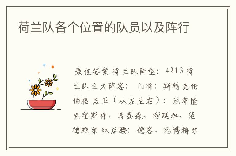 荷兰队各个位置的队员以及阵行