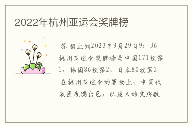 2022年杭州亚运会奖牌榜