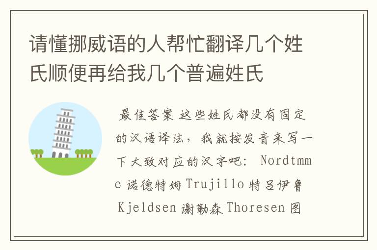 请懂挪威语的人帮忙翻译几个姓氏顺便再给我几个普遍姓氏