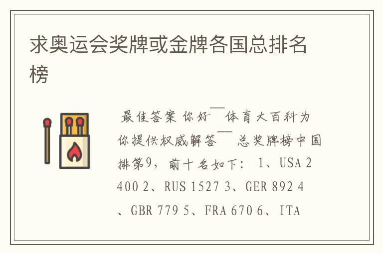求奥运会奖牌或金牌各国总排名榜