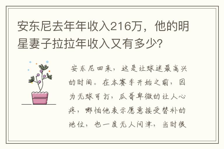 安东尼去年年收入216万,他的明星妻子拉拉年收入又有多少?