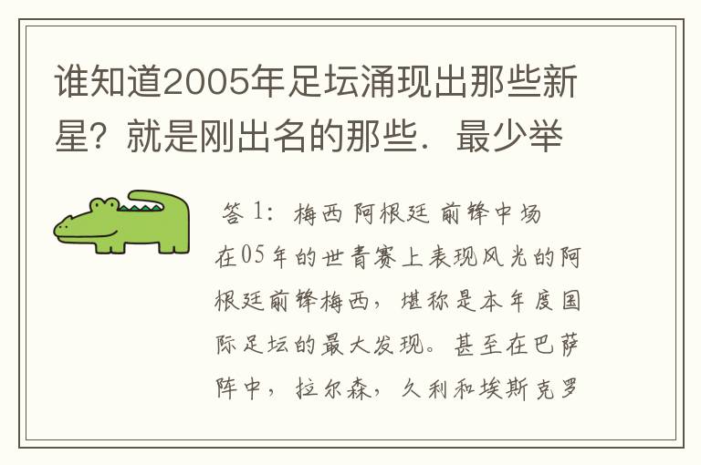 谁知道2005年足坛涌现出那些新星?就是刚出名的那些.最少举出10个来