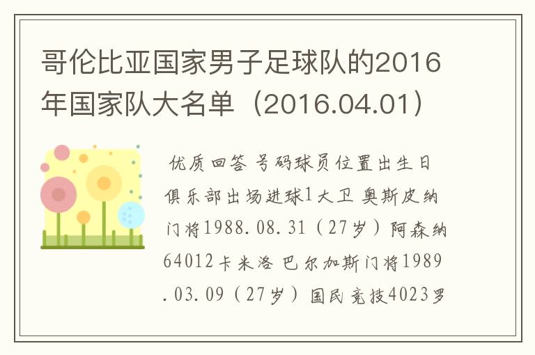 哥伦比亚国家男子足球队的2016年国家队大名单(2016.04.01)