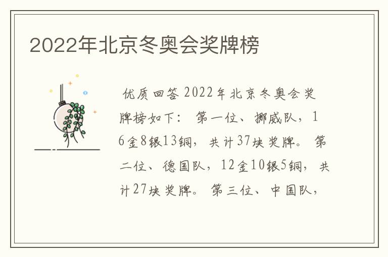 2022年北京冬奥会奖牌榜
