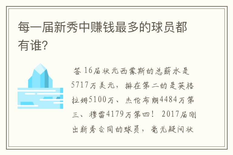 每一届新秀中赚钱最多的球员都有谁?