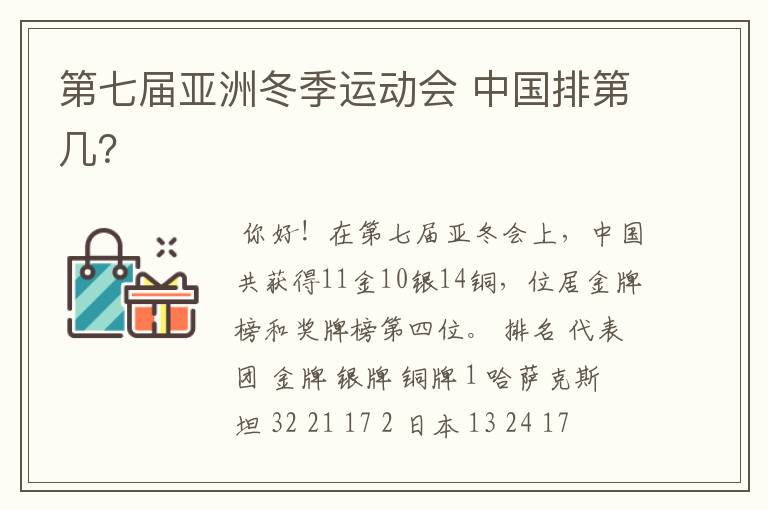 第七届亚洲冬季运动会 中国排第几？