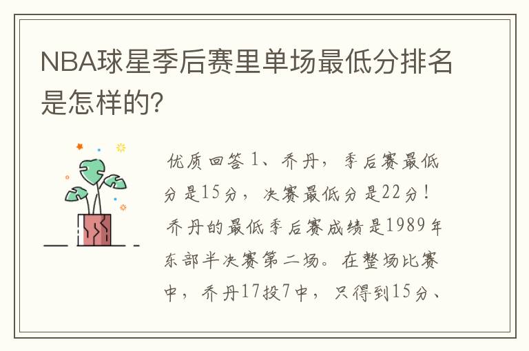 NBA球星季后赛里单场最低分排名是怎样的？