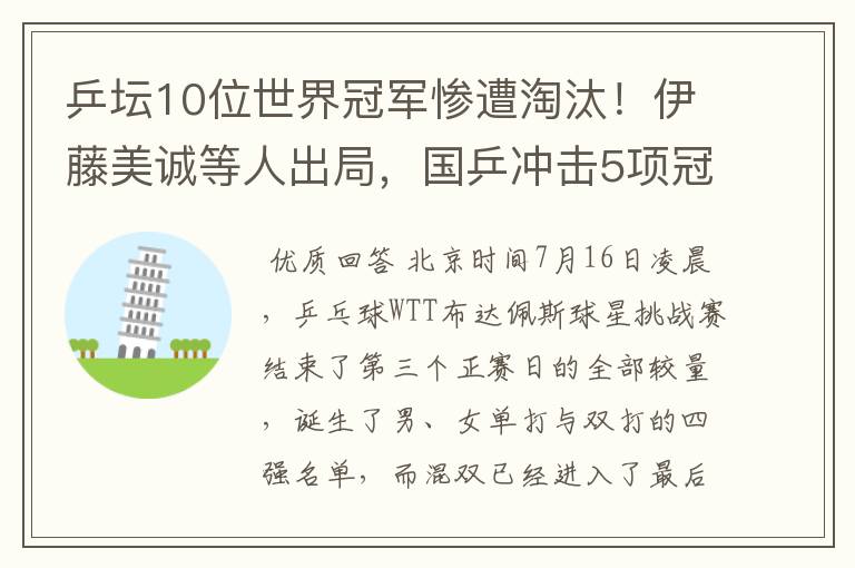 乒坛10位世界冠军惨遭淘汰!伊藤美诚等人出局,国乒冲击5项冠军