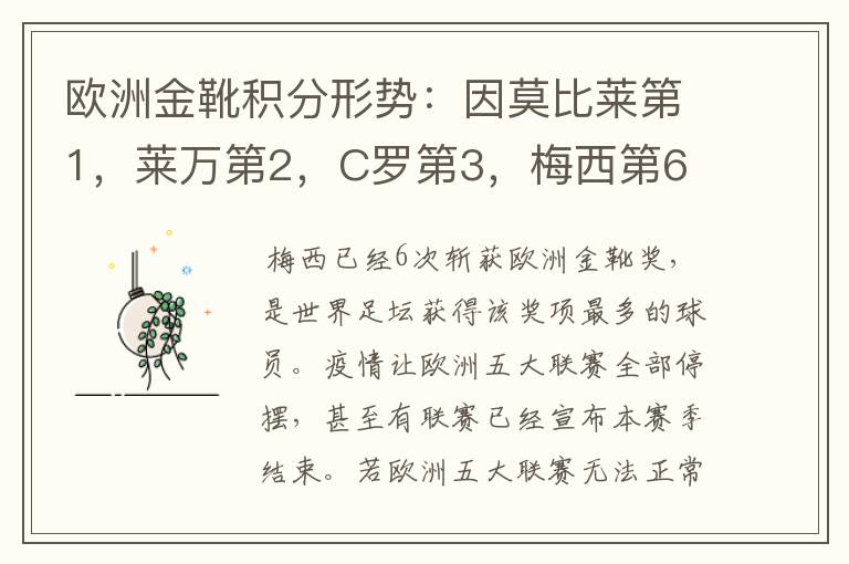 欧洲金靴积分形势:因莫比莱第1,莱万第2,C罗第3,梅西第6