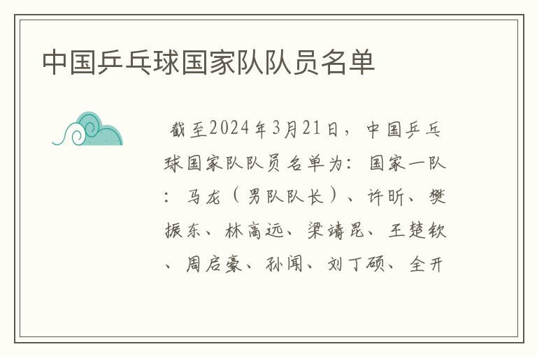 中国乒乓球国家队队员名单