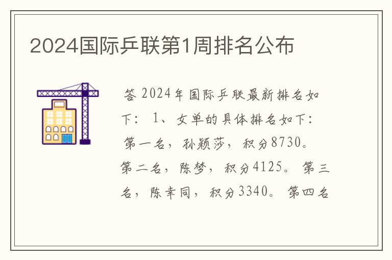 2024国际乒联第1周排名公布