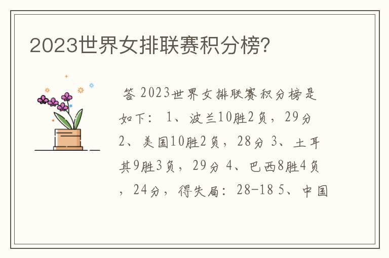 2023世界女排联赛积分榜?