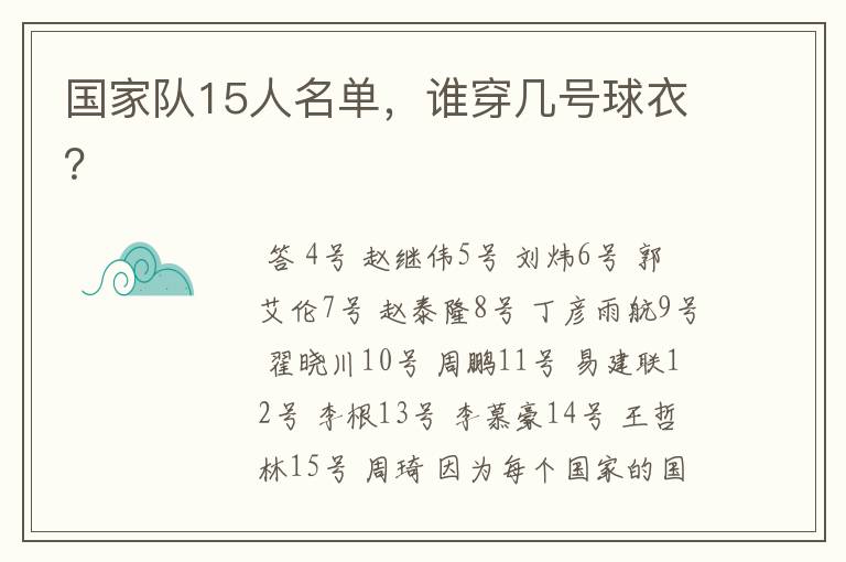 国家队15人名单,谁穿几号球衣?