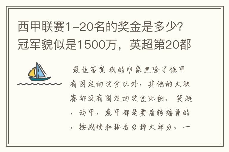 西甲联赛1-20名的奖金是多少?冠军貌似是1500万,英超第20都是4000万呀!