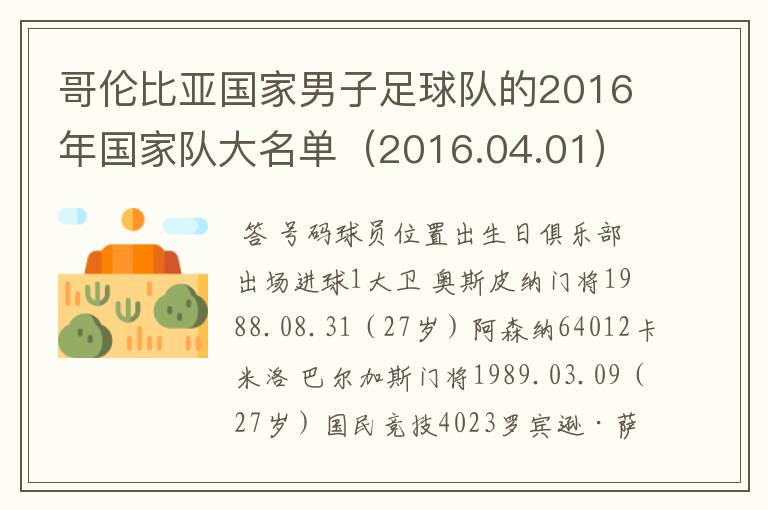 哥伦比亚国家男子足球队的2016年国家队大名单(2016.04.01)