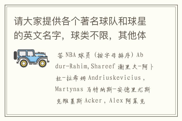 请大家提供各个著名球队和球星的英文名字,球类不限,其他体育上的也行。