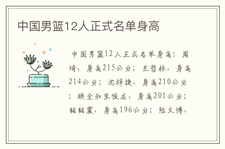 中国男篮12人正式名单身高
