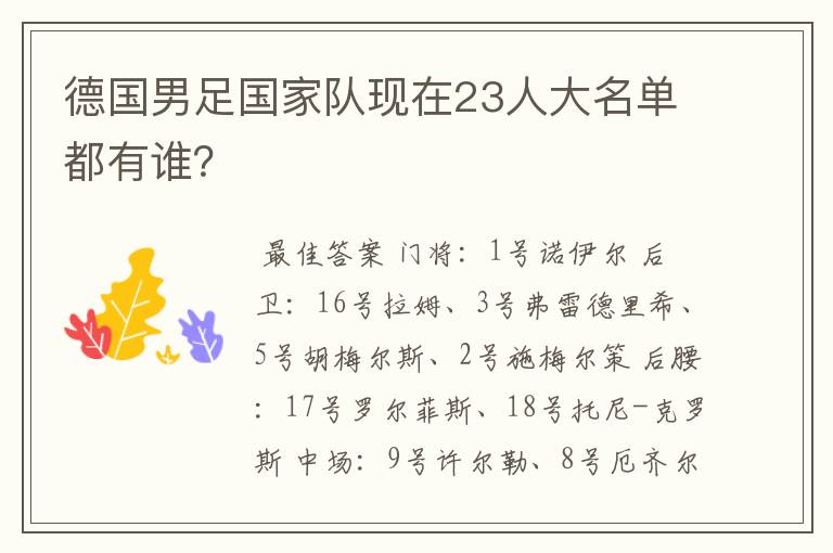 德国男足国家队现在23人大名单都有谁?